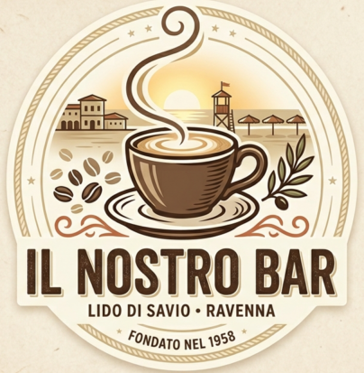 Logo Il Nostro Bar con una tazzina e uno sfondo con i simboli di Lido di Savio
